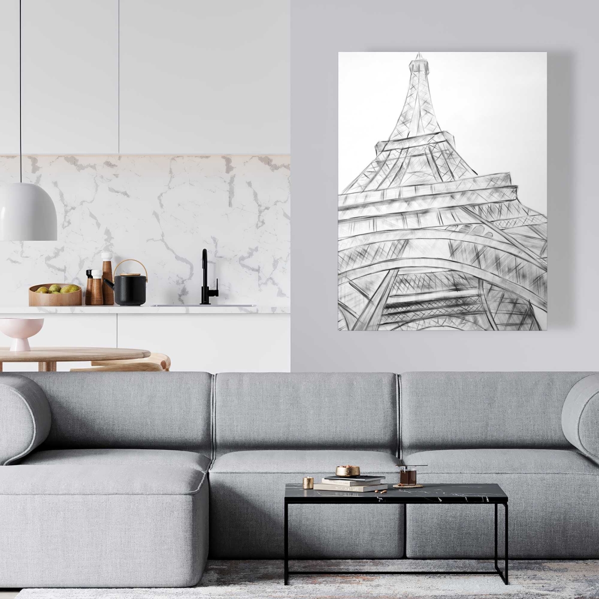 C1RC3648R54DLS 36 x 48 in. Eiffel Tower Sketch Black & White - Architecture Bedroom Canvas