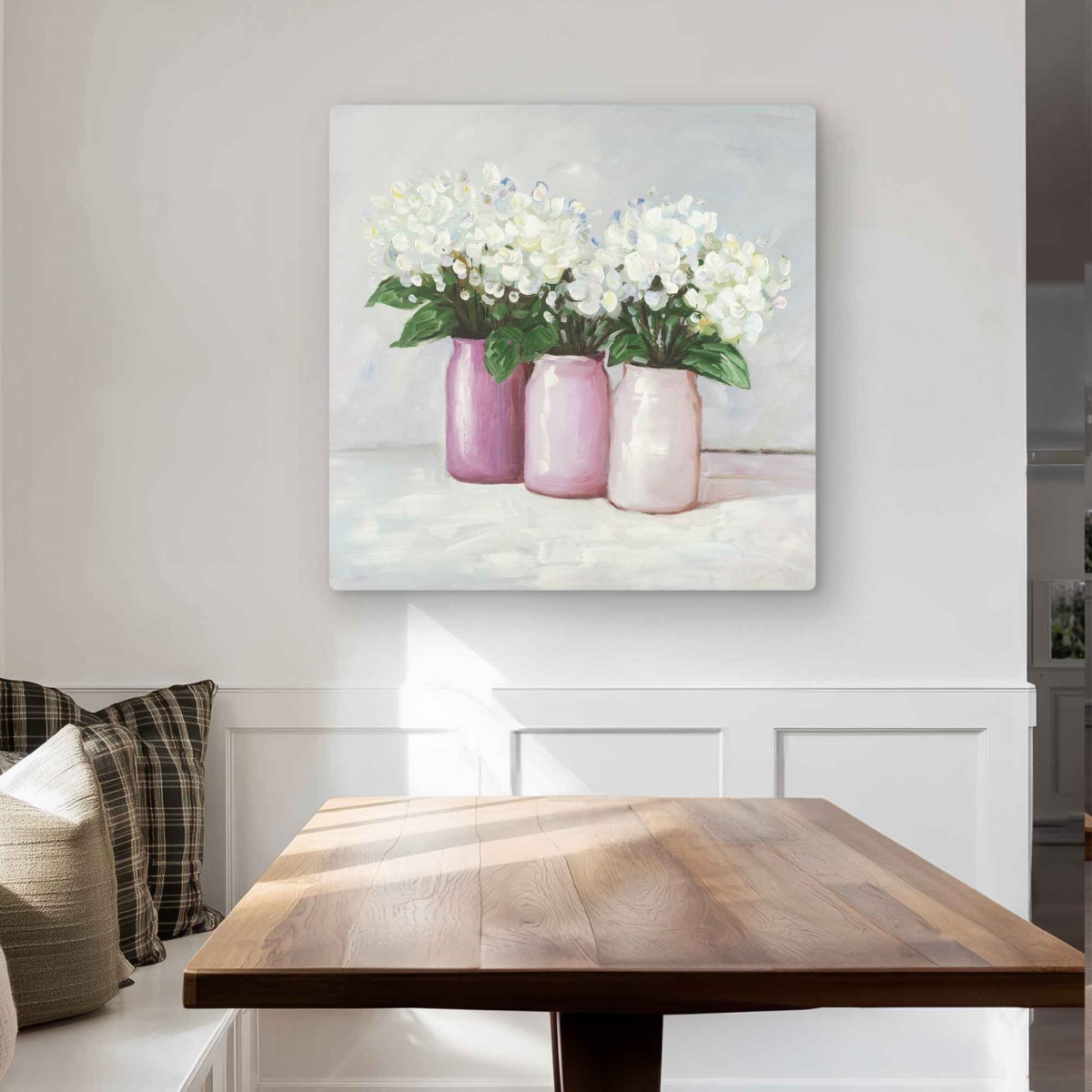 C1MP3232UBBNGW 32 x 32 in. Hydrangea Flowers In Pink Vases Wall Art - Still Life Metal Print