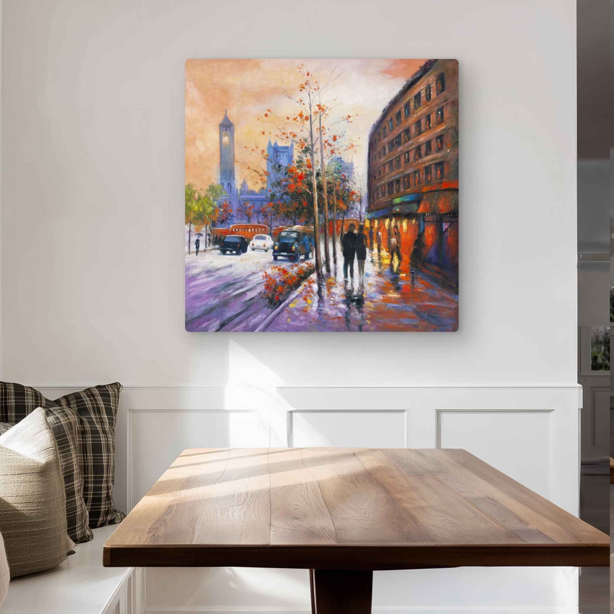 C1MP3232N9SNYQ 32 x 32 in. City by Fall Wall Art - Contemporary Street Scenery Metal Print Decor