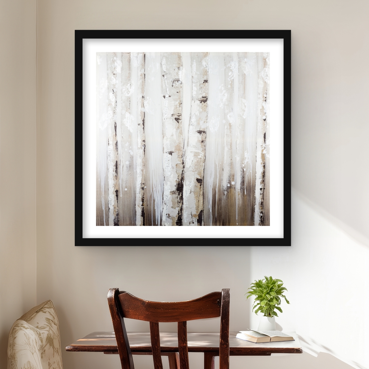 C1FM2424QDWIT4 24 x 24 in. Abstract White Birches - Modern Framed Print Wall Art for Home Decor
