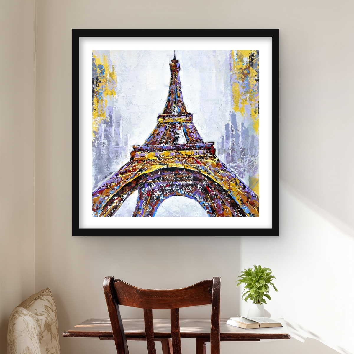 C1FM2424II29XF 24 x 24 in. Abstract Paint Splash Eiffel Tower - Yellow Framed Print Wall Art