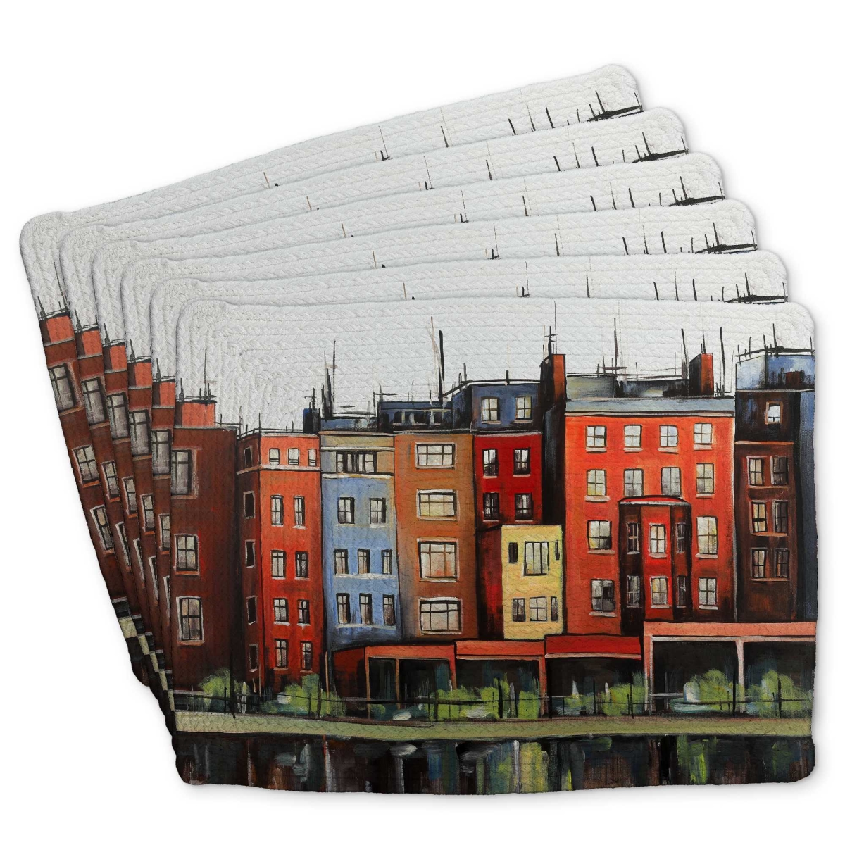 Picture of Begin Home Decor C6BP1418LZ03YQ 14 x 18 in. Boston Fall Colors Buildings Braided Polyester Placemat - Set of 6