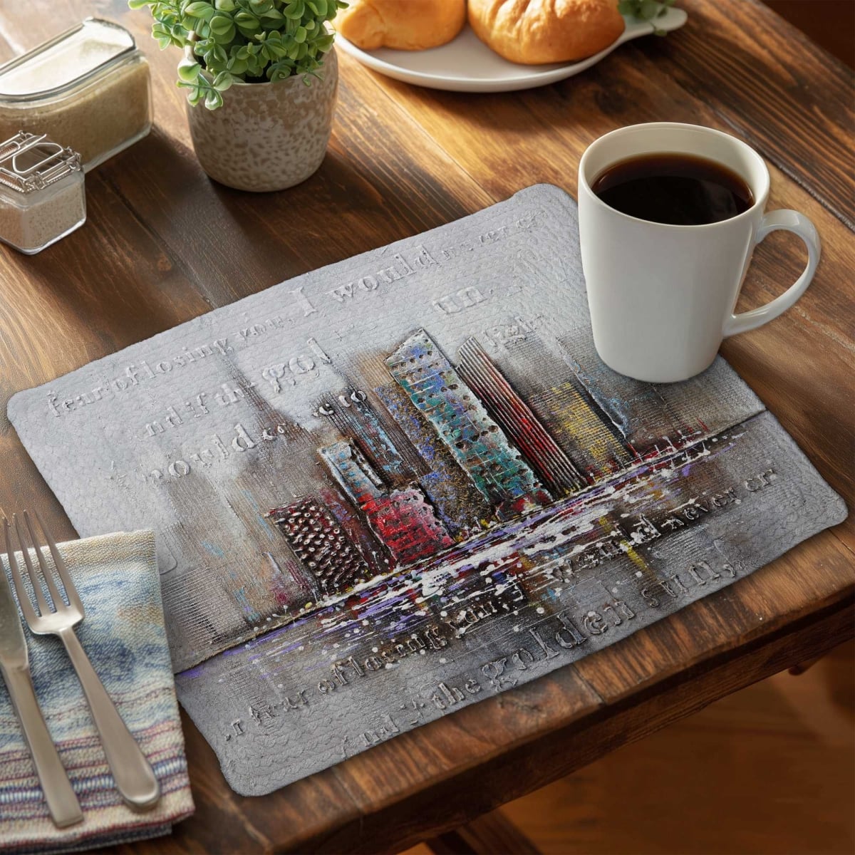 Picture of Begin Home Decor C6BP1418P10YC2 14 x 18 in. Cityscape Typography Relief Braided Polyester Placemat - Set of 6