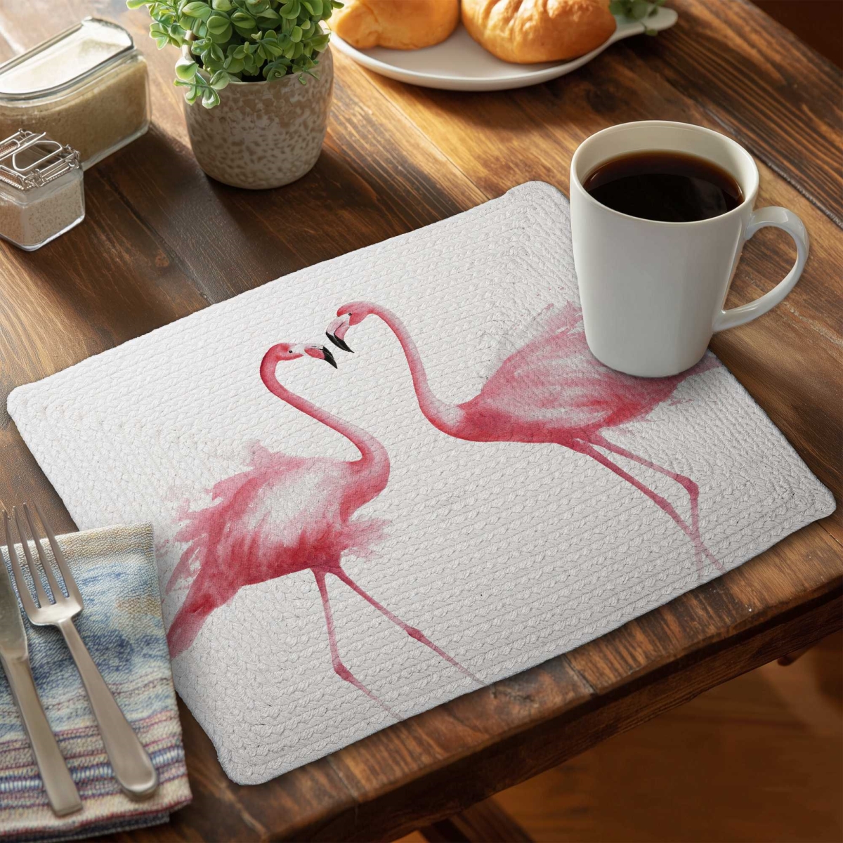 Picture of Begin Home Decor C6BP1418VGNV31 14 x 18 in. Two Pink Flamingo Watercolor Braided Polyester Placemats Set - Set of 6