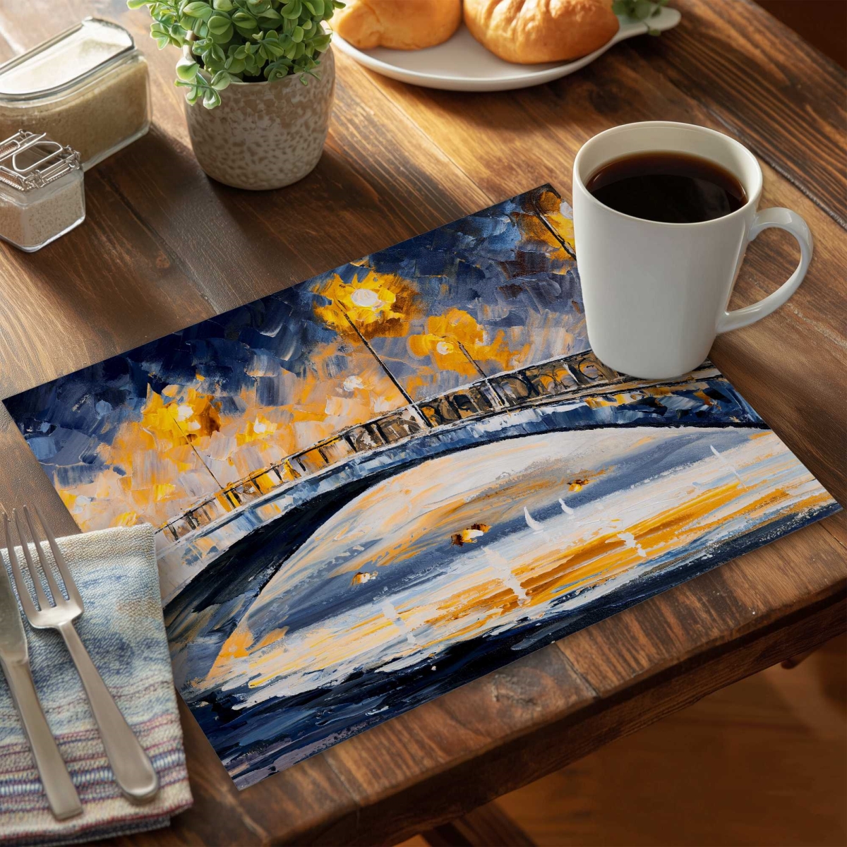Picture of Begin Home Decor C6PP141833OATA 14 x 18 in. Bridge in the Moonlight Polyester Placemat - Home Decor - Set of 6