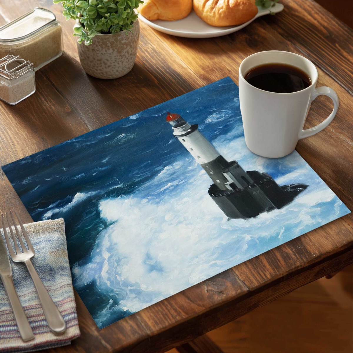 Picture of Begin Home Decor C4PP1418N27JRK 14 x 18 in. Unleashed Waves on a Lighthouse - Polyester Placemat - Set of 4