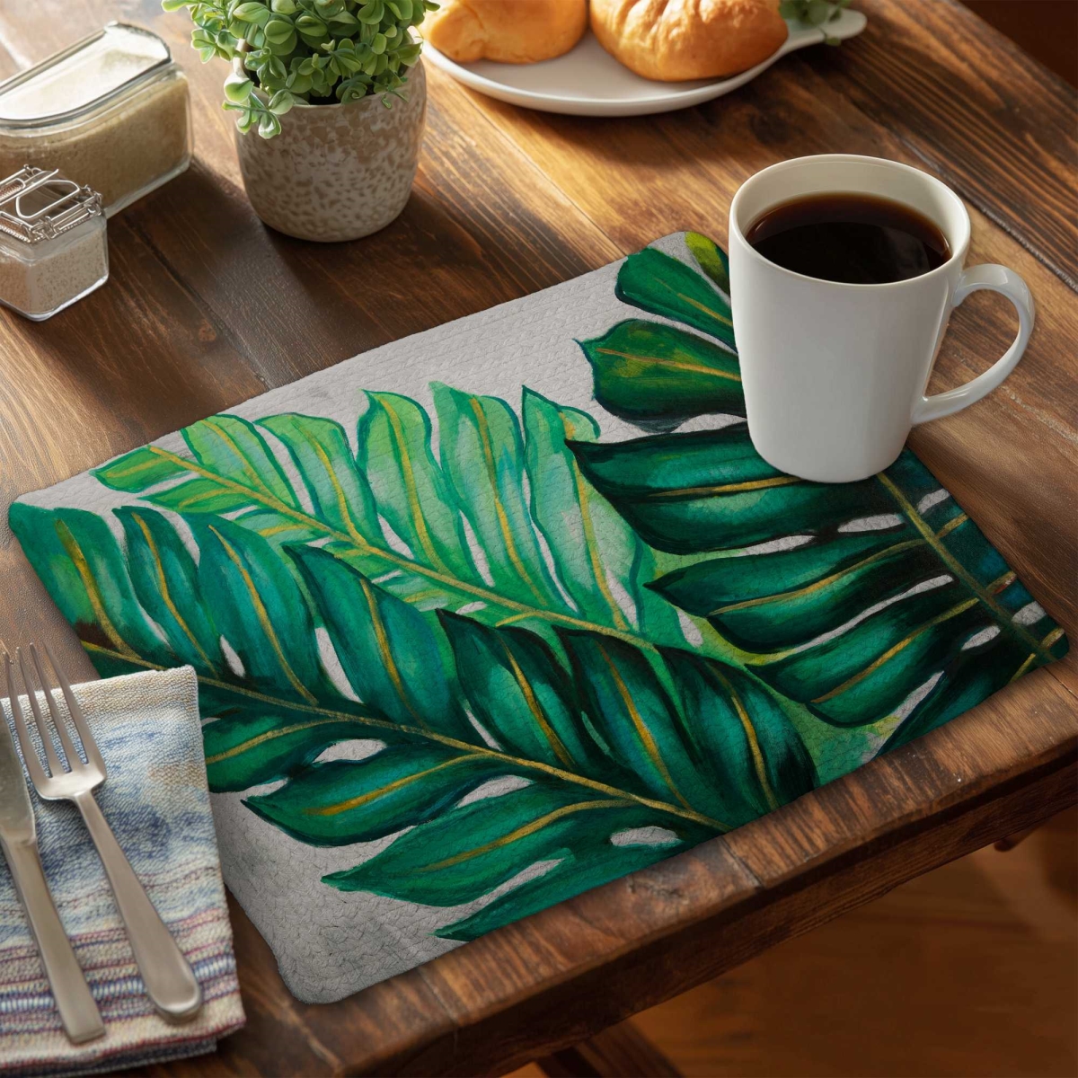 Picture of Begin Home Decor C6BP14184NH32S 14 x 18 in. Three Big Exotic Plant Leaves Braided Polyester Placemat - Set of 6