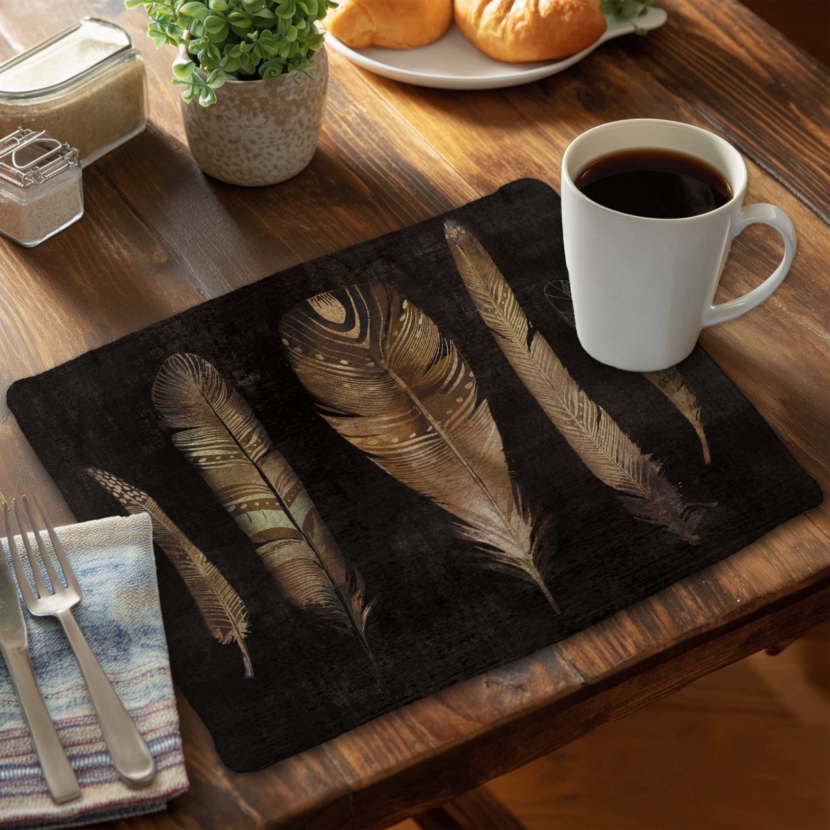 Picture of Begin Home Decor C6BP14186ZDSIQ 14 x 18 in. Brown Feather Set - Braided Polyester Placemats - Set of 6