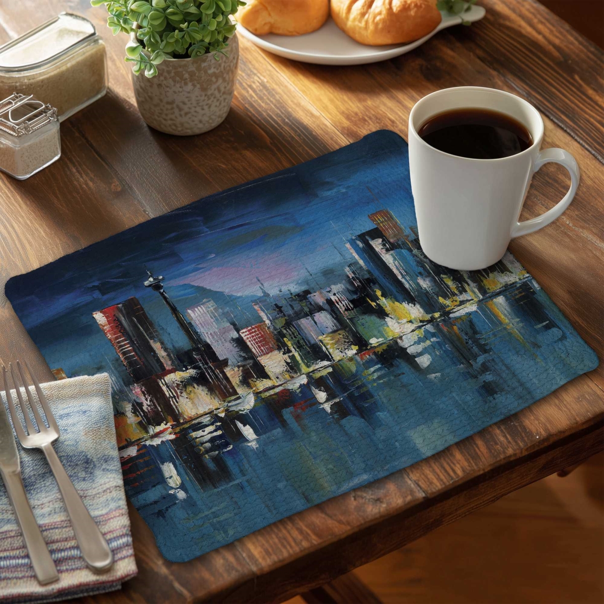 Picture of Begin Home Decor C6BP1418C8DWFB 14 x 18 in. Abstract Blue Cityscape by Night - Braided Polyester Placemat - Set of 6
