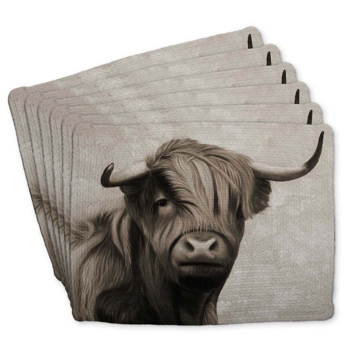 Picture of Begin Home Decor C6BP1418GQD57I 14 x 18 in. Highland Cattle Sepia Braided Polyester Placemat - Home - Set of 6