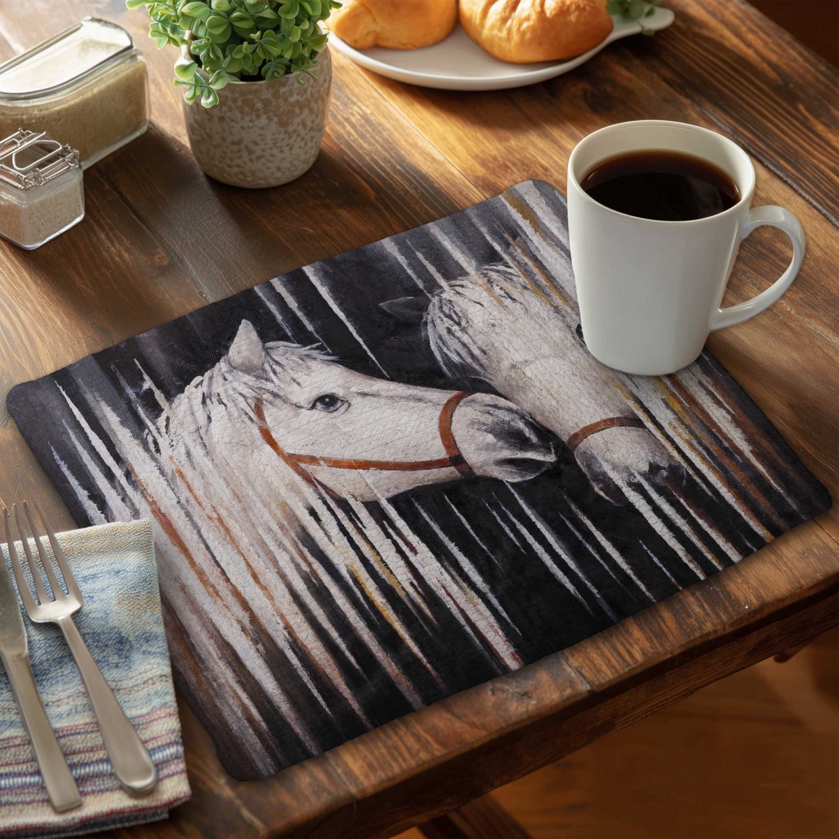 Picture of Begin Home Decor C4BP1418JOAC3M 14 x 18 in. Two White Horses Kissing Placemat - Braided Polyester Decor - Set of 4