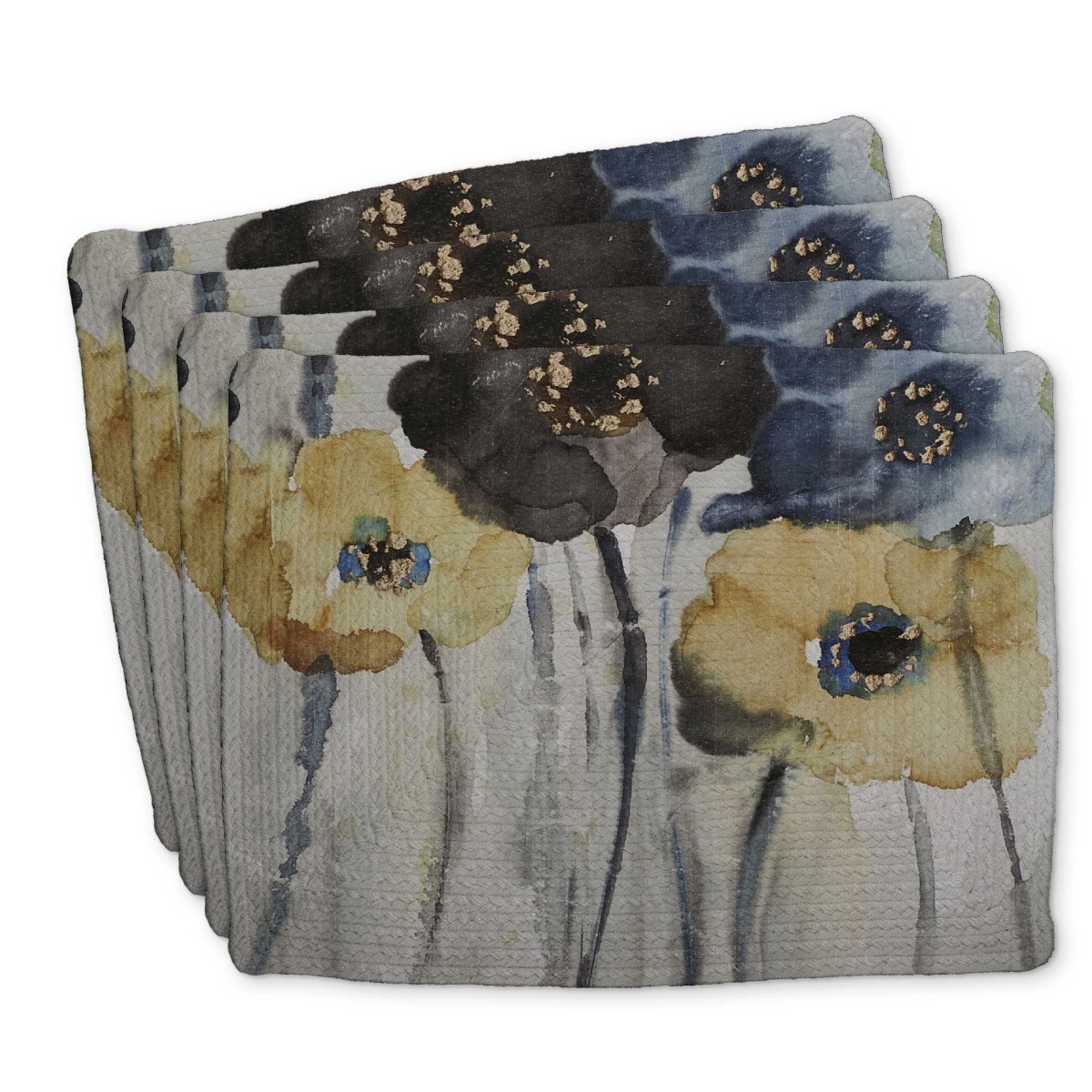 Picture of Begin Home Decor C4BP1418OH7VAQ 14 x 18 in. Gray Blue Yellow Flowers Braided Polyester Placemat - Decor - Set of 4