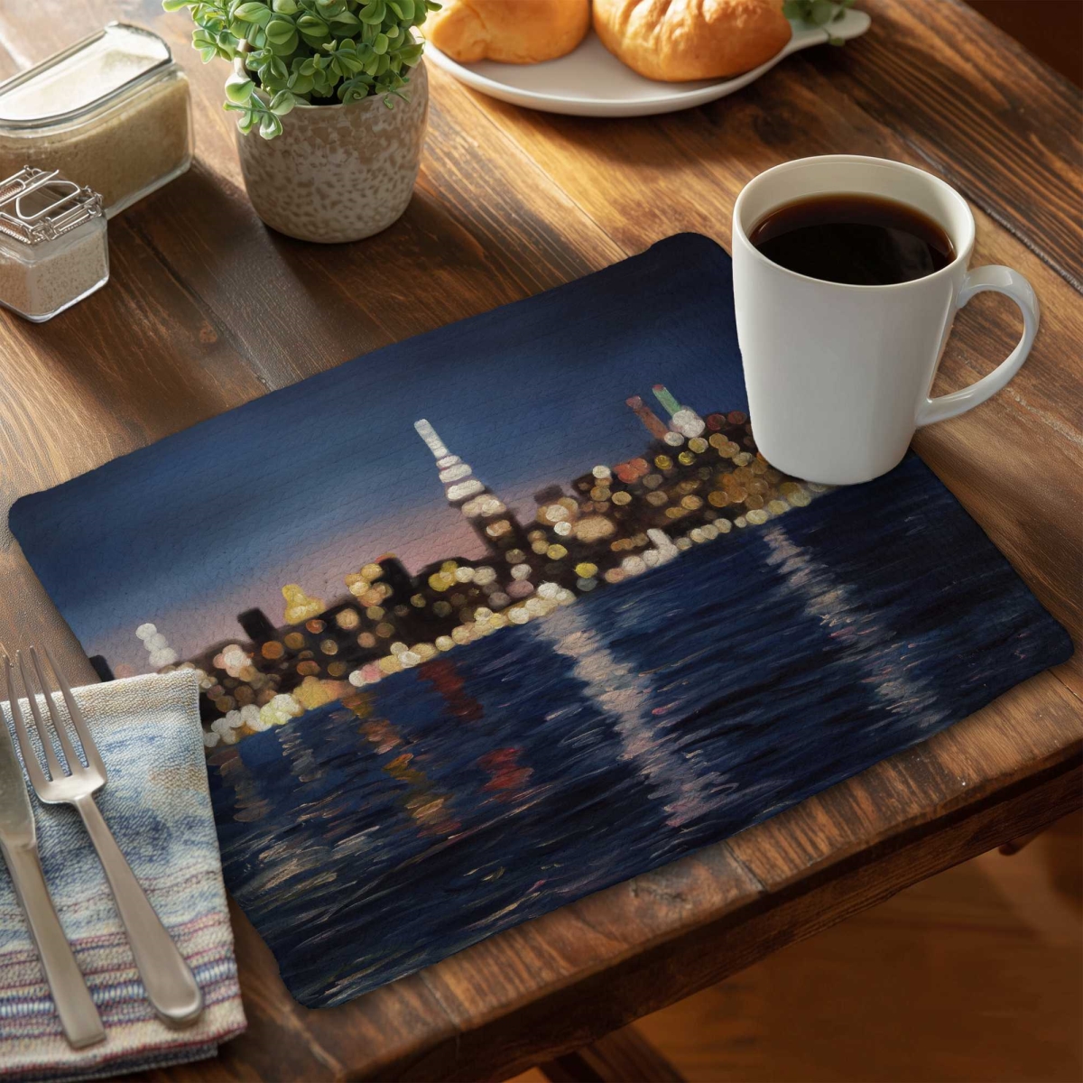 Picture of Begin Home Decor C4BP1418UJNRKV 14 x 18 in. Blurry City Water Night Braided Polyester Placemat - Decor - Set of 4