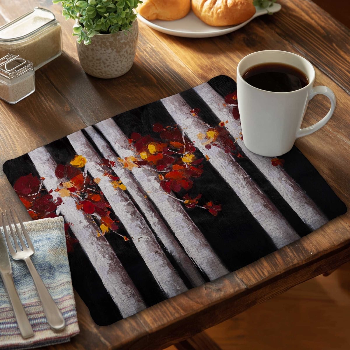 Picture of Begin Home Decor C4BP1418V5IFA9 14 x 18 in. White Trees with Orange Leaves - Braided Polyester Placemat - Set of 4