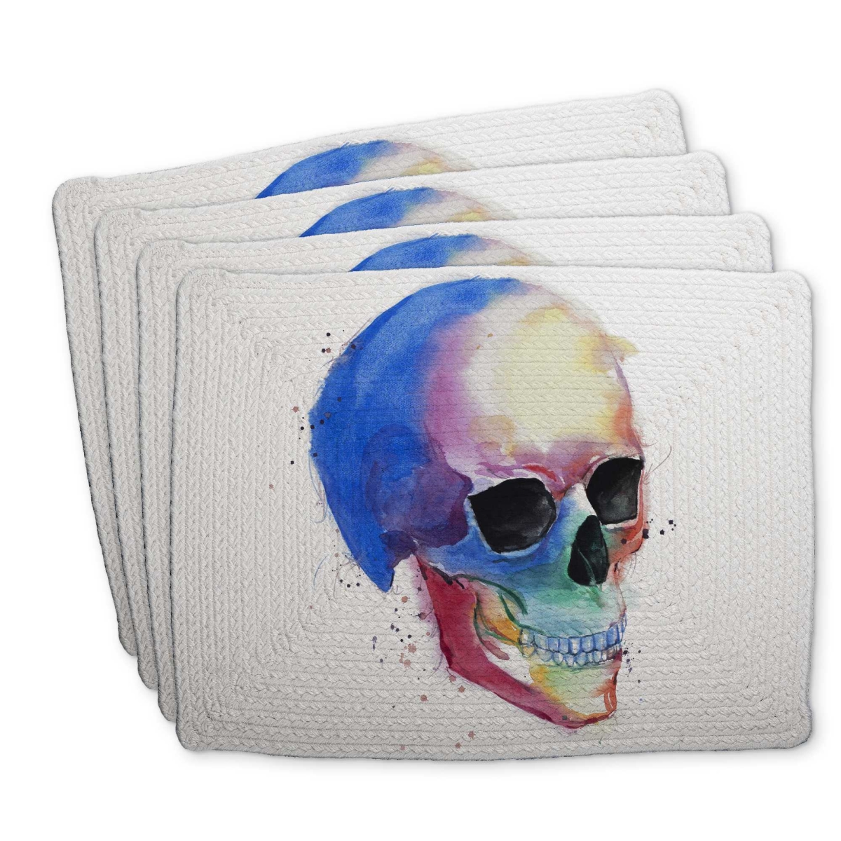 Picture of Begin Home Decor C4BP1418WZ9YKF 14 x 18 in. Watercolor Colorful Skull Profile Braided Polyester Placemat - Set of 4