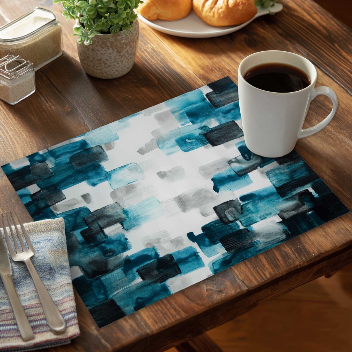 Picture of Begin Home Decor C4PP14184UTKUU 14 x 18 in. Turquoise & Gray Square Polyester Placemat - Home Decor - Set of 4