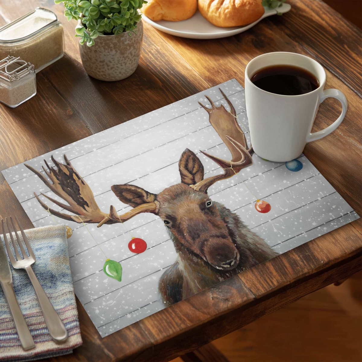 Picture of Begin Home Decor C4PP14186HYWLU 14 x 18 in. Moose Has Christmas Balls - Polyester Placemat - Set of 4