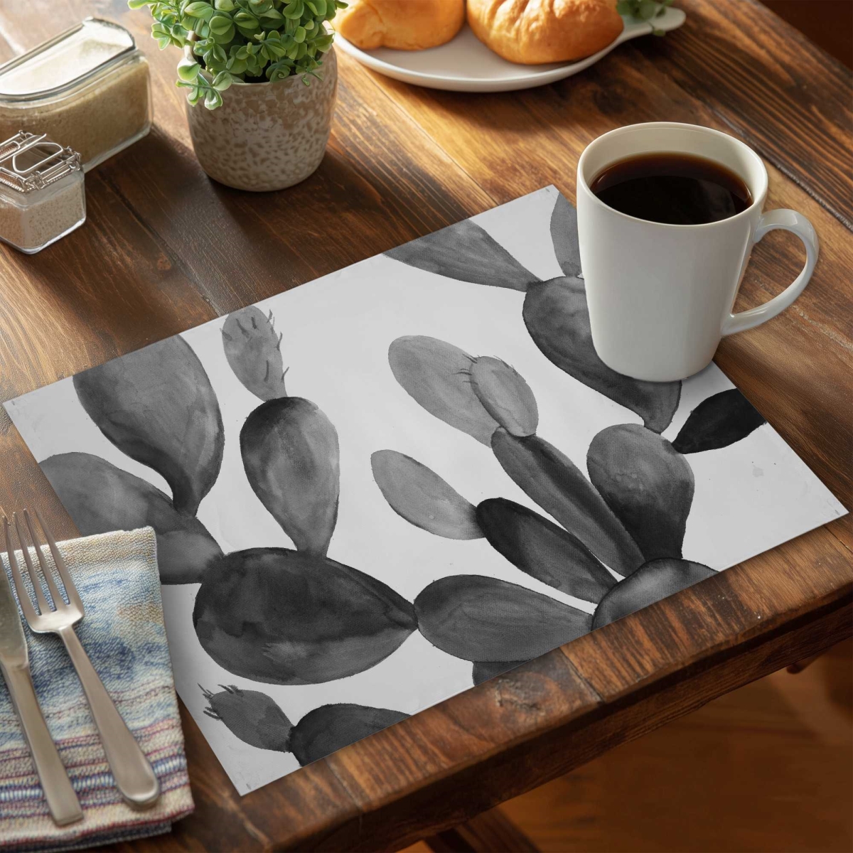 Picture of Begin Home Decor C4PP1418BWSRPT 14 x 18 in. Grayscale Cactus Polyester Placemat - Home Decor Accent - Set of 4