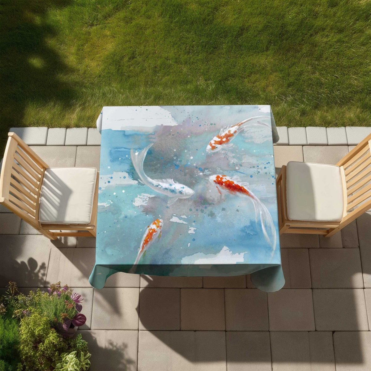 Picture of Begin Home Decor C1TC58581ZKNXB 58 x 58 in. Koi Fish in Blue Water Tablecloth - Exotic Gray Home Decor