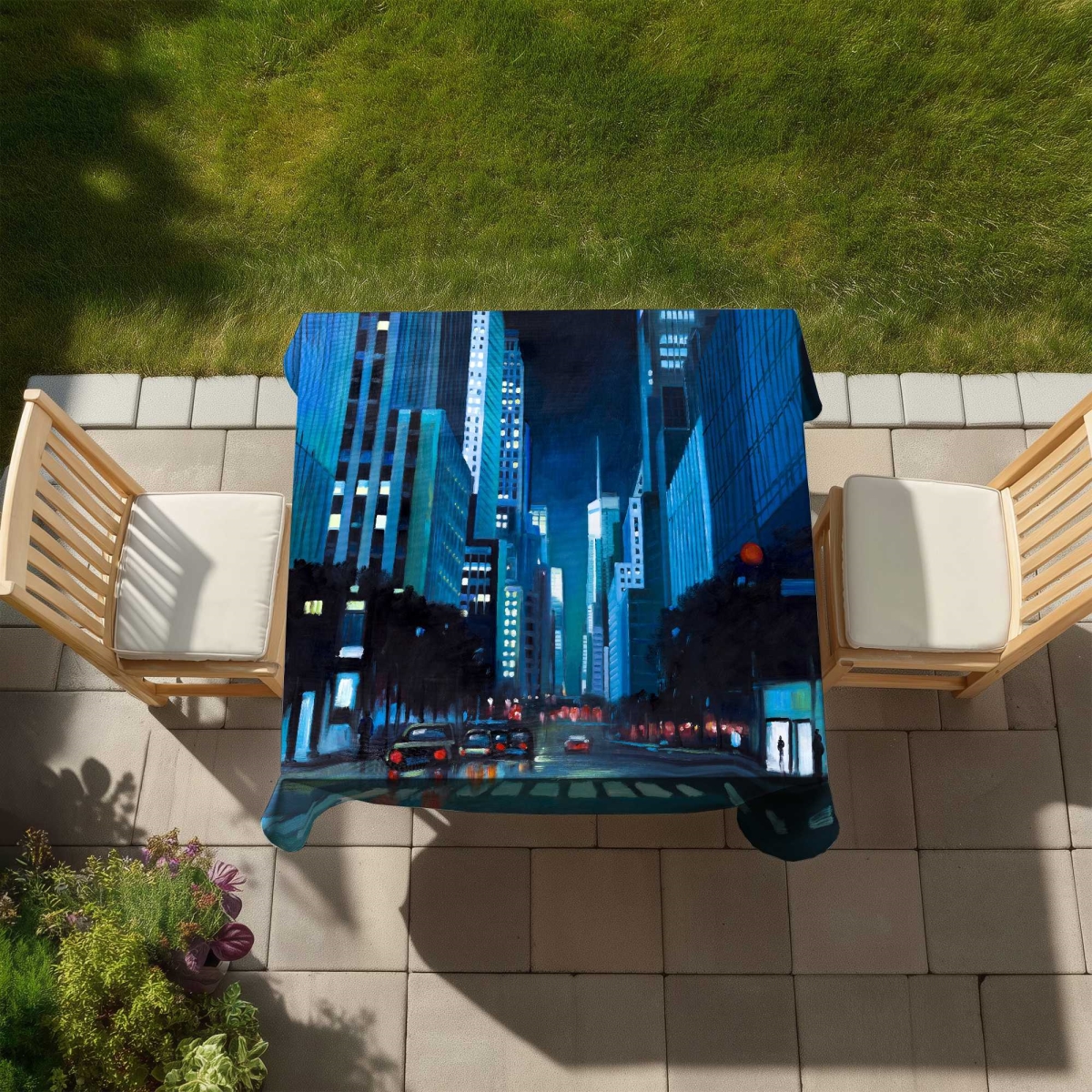 Picture of Begin Home Decor C1TC5858ADOTXE 58 x 58 in. Evening in Manhattan Tablecloth - Cities Blue - Indoor & Outdoor