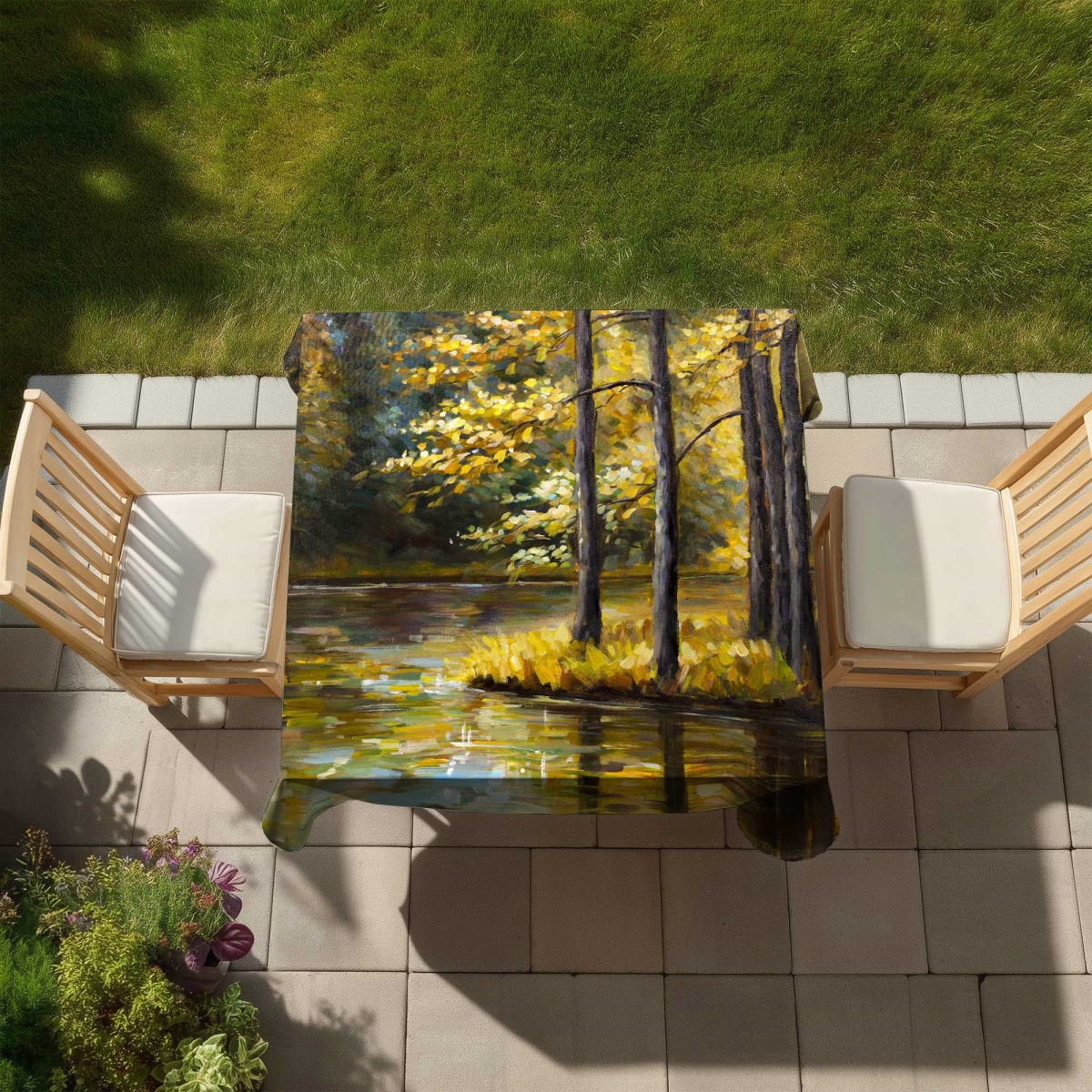 Picture of Begin Home Decor C1TC5858F1A49T 58 x 58 in. Fall Landscape by The Water Tablecloth - Bedroom Blue Decor