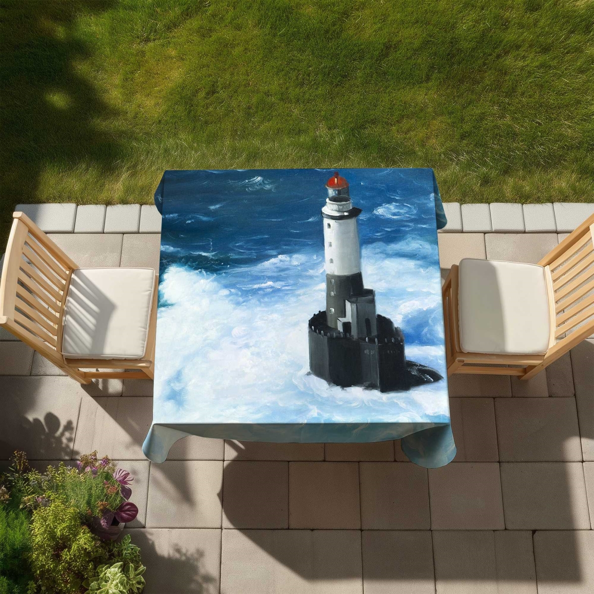 Picture of Begin Home Decor C1TC5858ILCE6K 58 x 58 in. Unleashed Waves on a Lighthouse Tablecloth - Hyperrealist