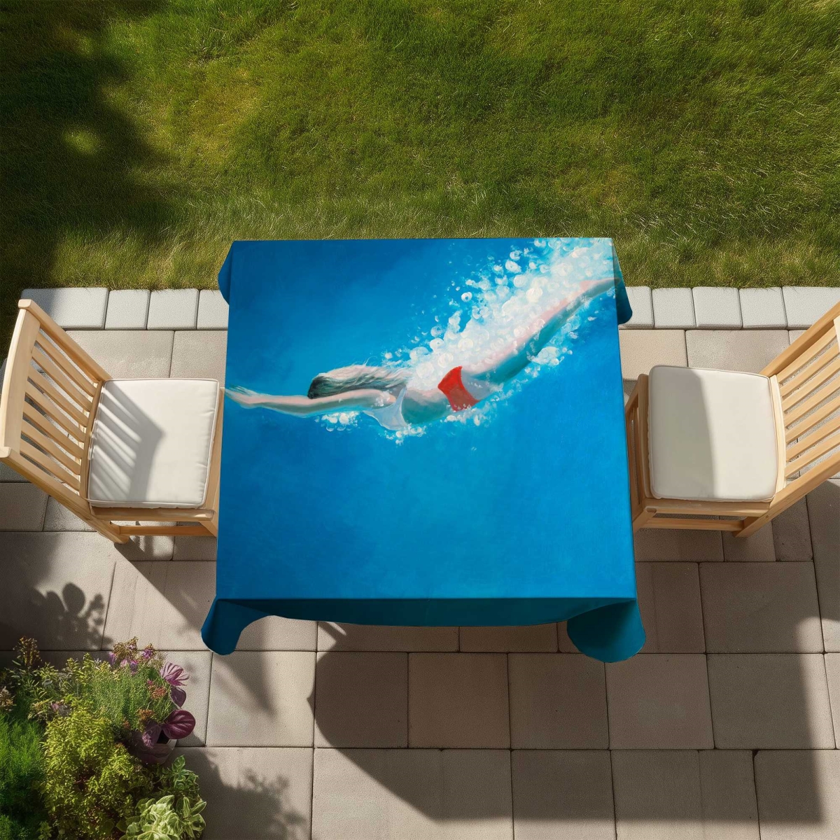 Picture of Begin Home Decor C1TC5858SSMMVW 58 x 58 in. Diving Jump Red Woman Tablecloth - Indoor & Outdoor Home Decor