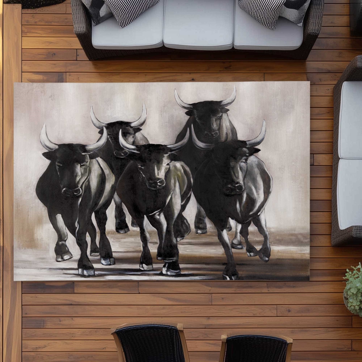 C1ROAR579YYUDE 5 x 7 ft. Group of Running Bulls Beige Outdoor Rectangle Area Rug - Home Decor
