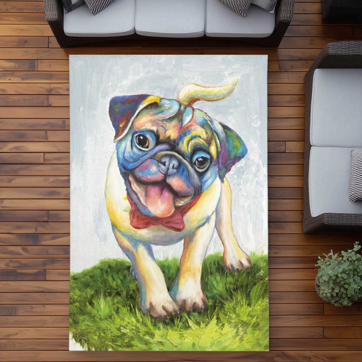 C1ROAR57BA50AU 5 x 7 ft. Colorful Smiling Pug - Blue Children Art Outdoor Rectangle Area Rug - Decor