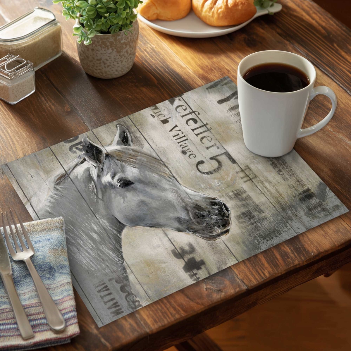 Picture of Begin Home Decor C6PP1418SWG6P0 14 x 18 in. Rustic White Horse Polyester Placemat - Elegant - Set of 6