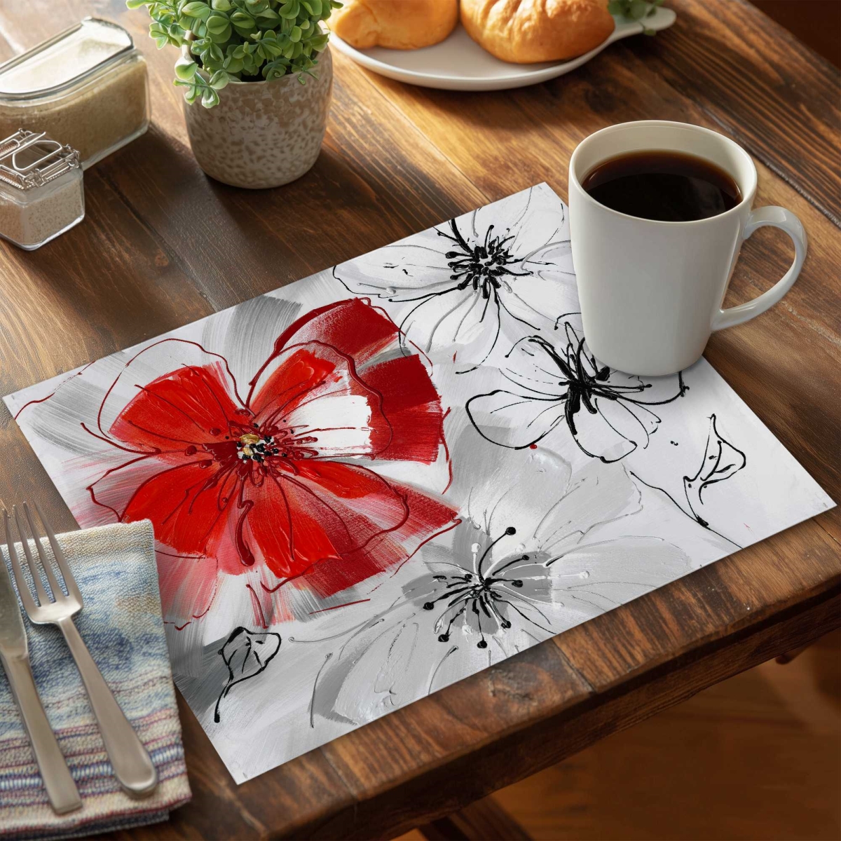 Picture of Begin Home Decor C6PP1418YRLOD4 14 x 18 in. Red & Gray Flowers Polyester Placemat - Home Decor Accent - Set of 6