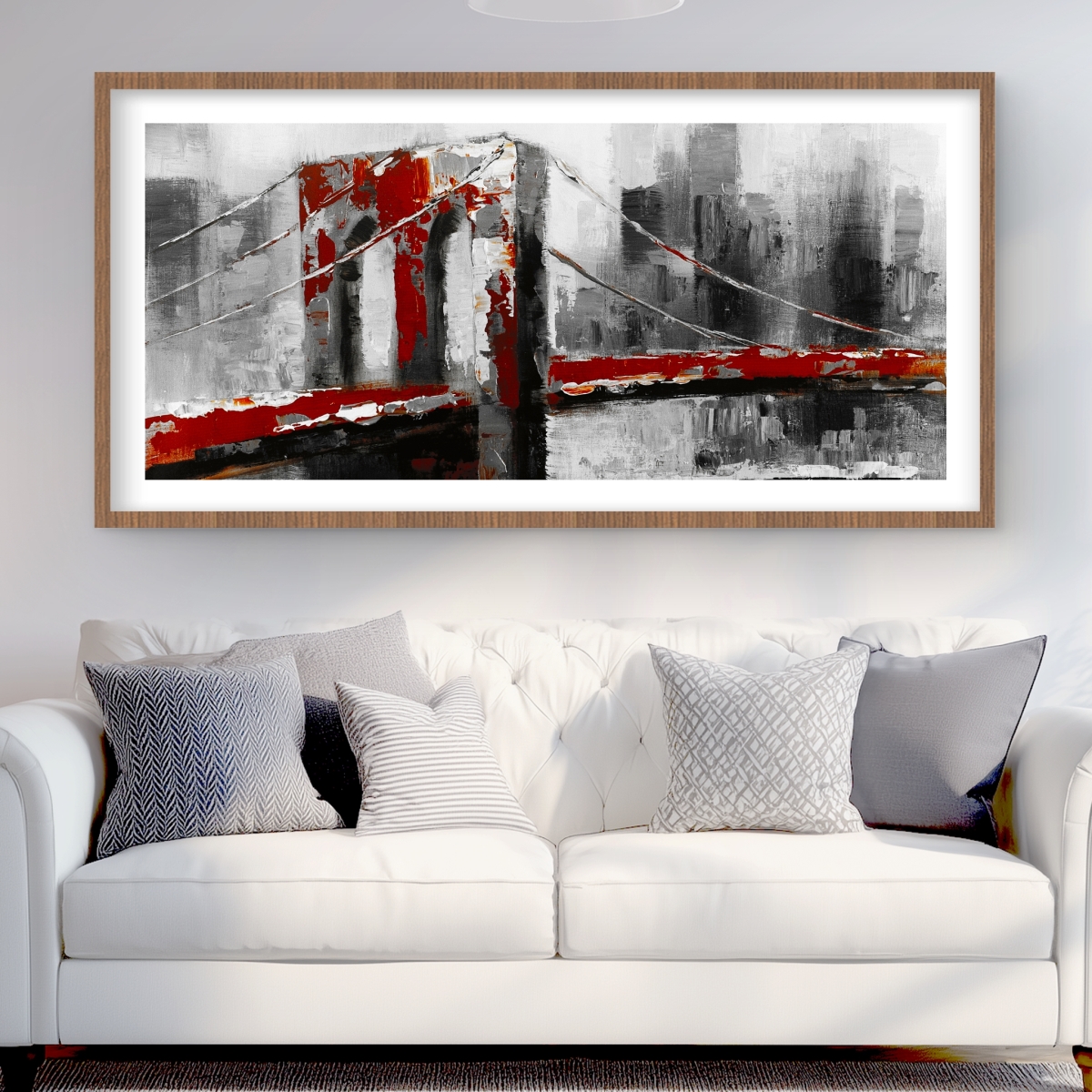 C1FM2448480MVN 24 x 48 in. Abstract & Red Brooklyn Bridge - Framed Office Print Decor