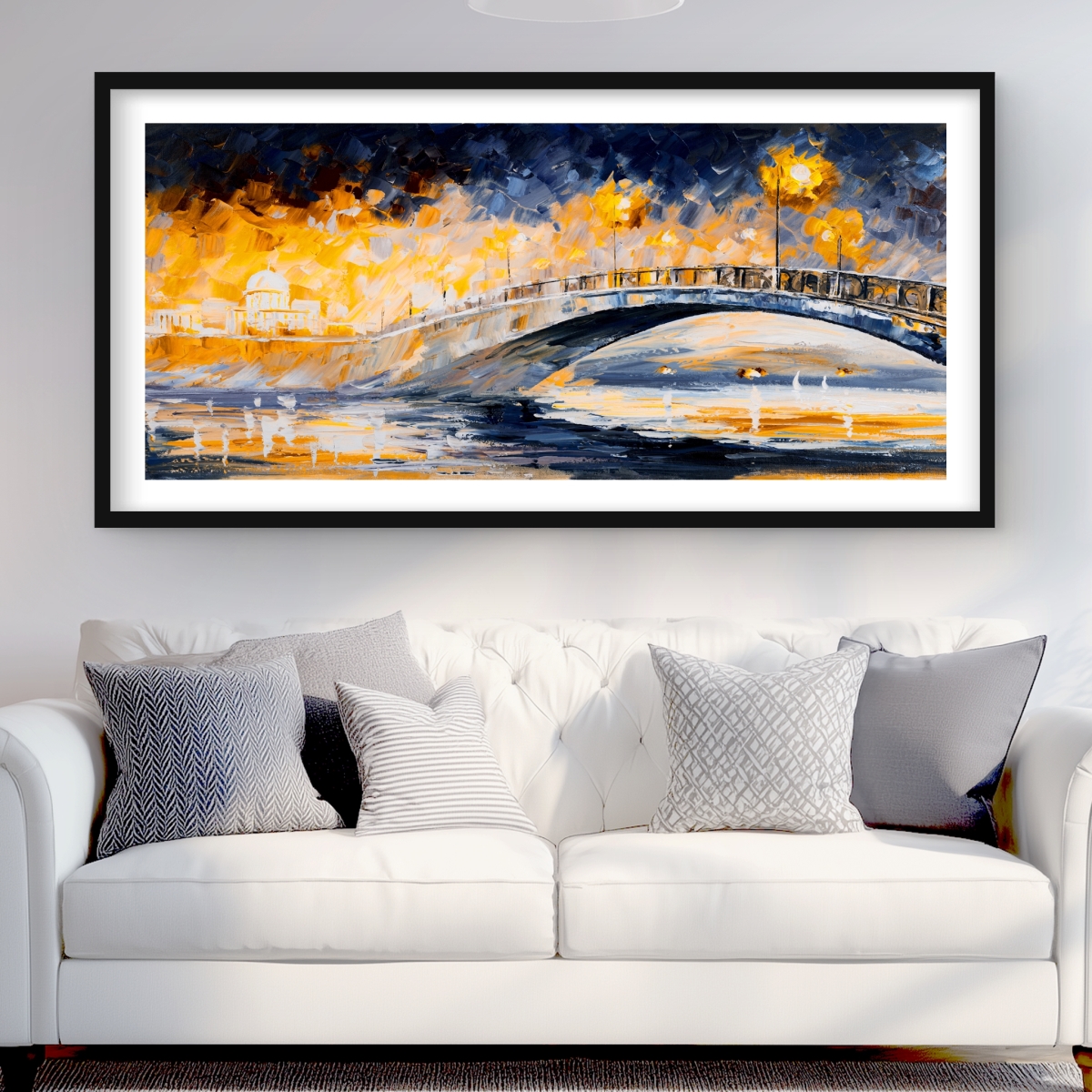 C1FM2448C180EN 24 x 48 in. Bridge in the Moonlight - Yellow Bridge Framed Matted Print