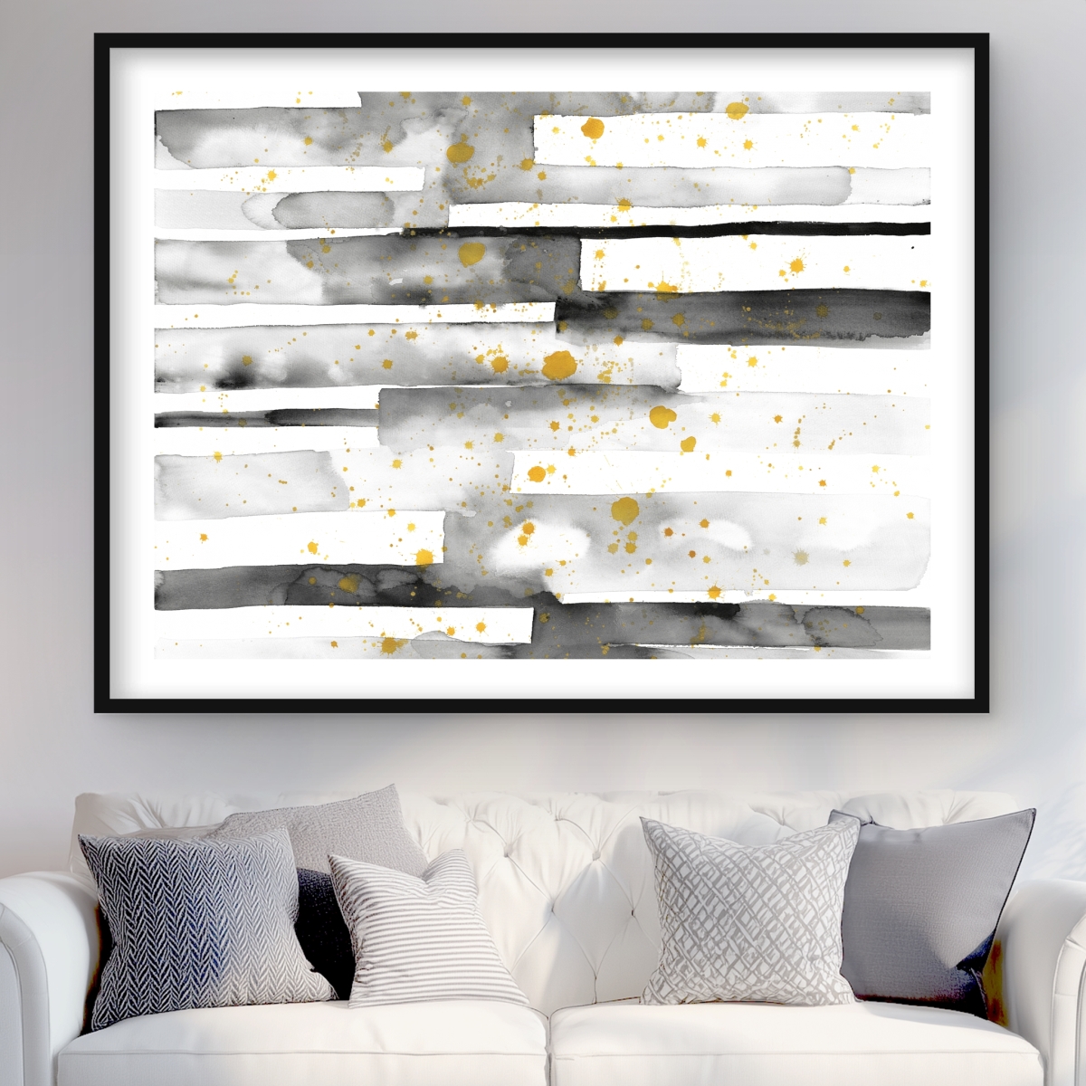 C1FM3648HB46LK 36 x 48 in. Black Stripes with Gold Splash - Framed Matted Print Decor