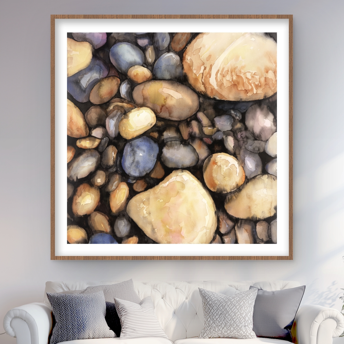 C1FM48488N0A7K 48 x 48 in. Small Pebbles - Blue Minerals Framed Matted Print for Decor