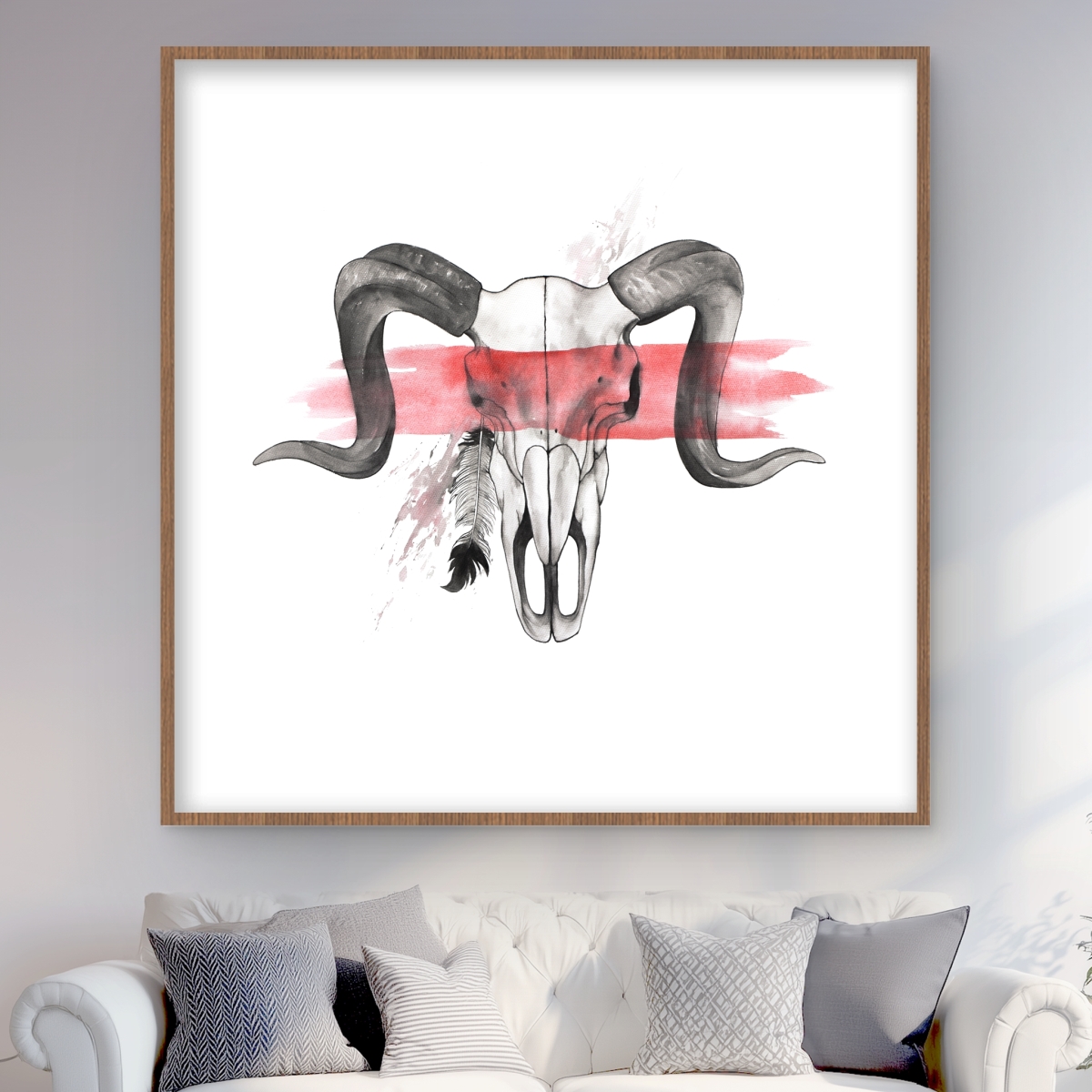 C1FM48488VA5XG 48 x 48 in. Aries Skull with Feather - Gray Framed Matted Print Decor