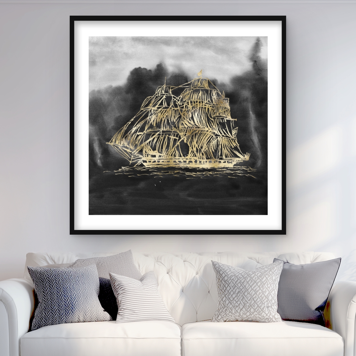C1FM3636EXYAKH 36 x 36 in. Old Sailing Ship Illustration - Black Framed Matted Print