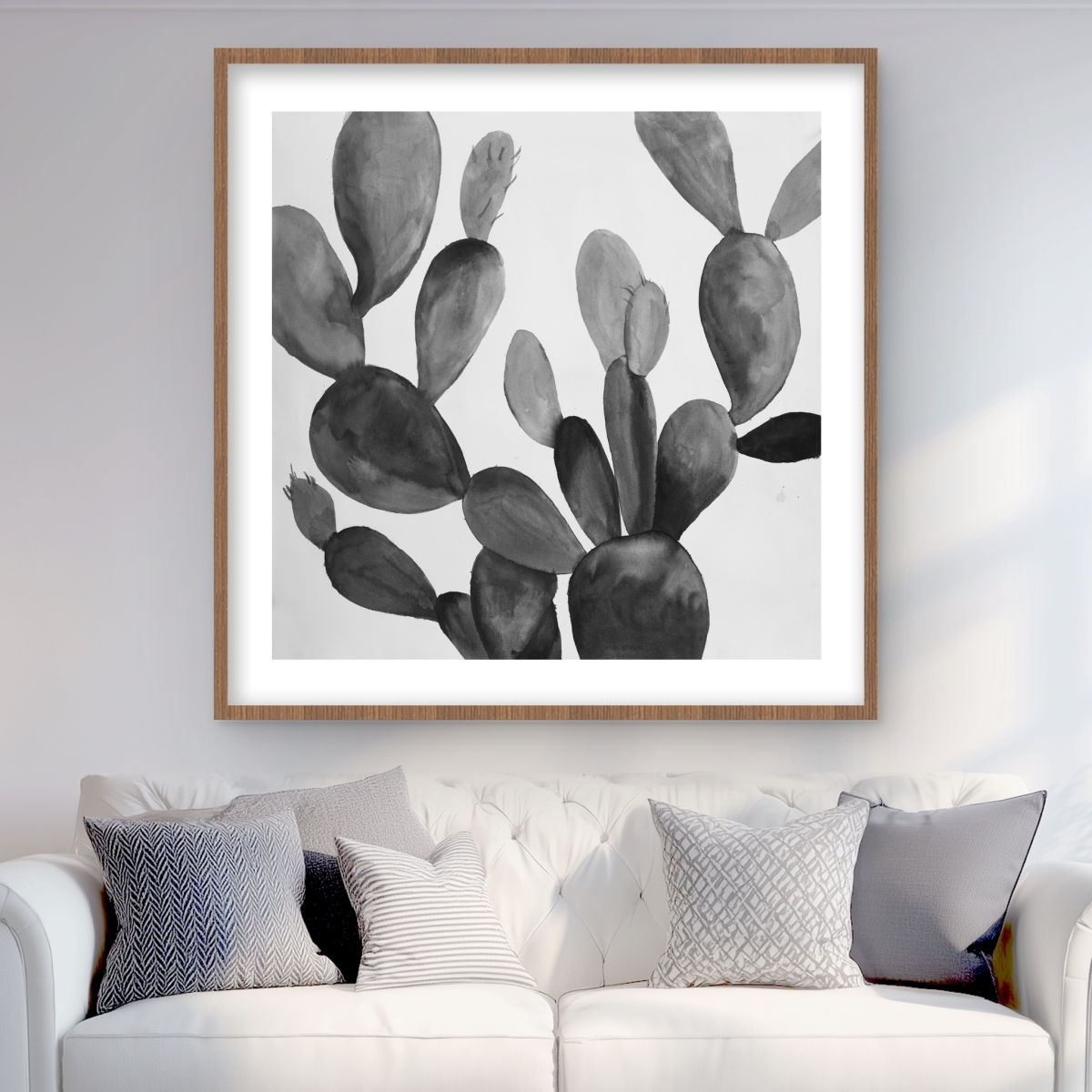 C1FM36364QF9GS 36 x 36 in. Grayscale Cactus - Monochrome Black Framed Matted Print