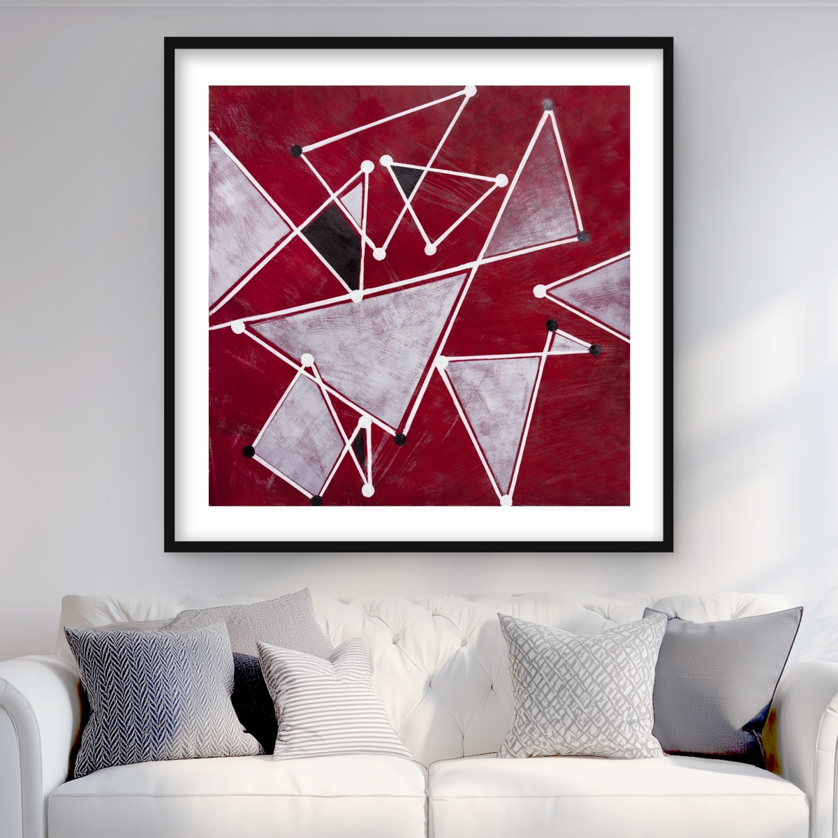 C1FM3636XDASER 36 x 36 in. White Triangles on Red Background - Abstract Framed Print