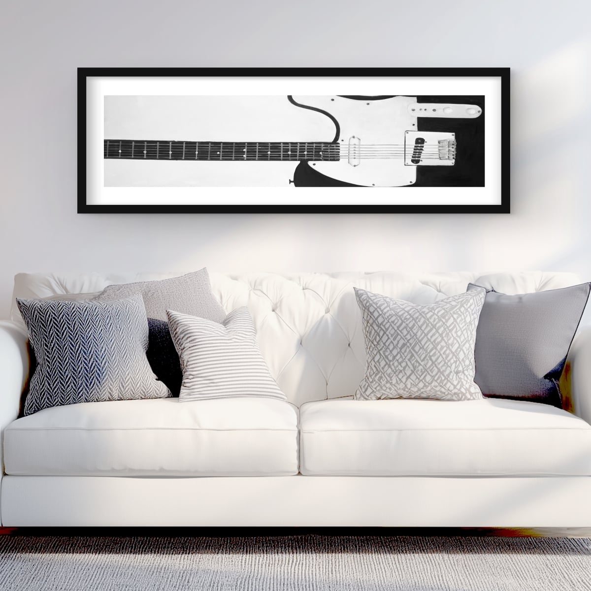C1FM164896LI9J 16 x 48 in. Black Rock Guitar - Framed Matted Print for Man Cave Decor