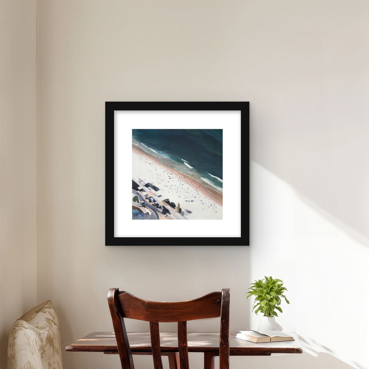 C1FM1616QADZAI 16 x 16 in. Hot Day At the Beach - Coastal Beige Framed Matted Print
