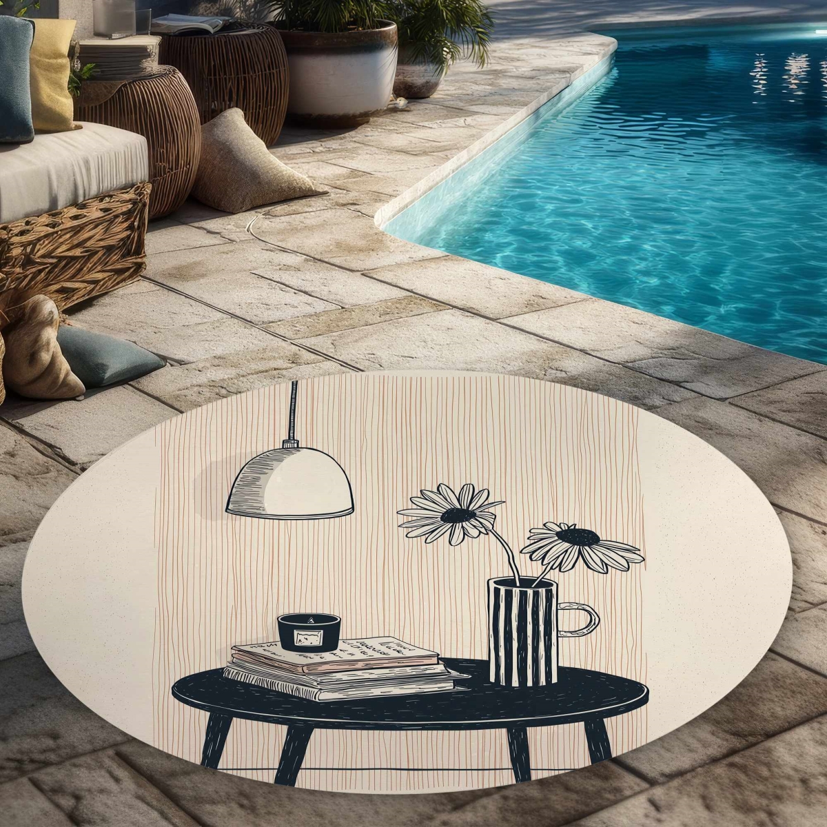 C1COAR55BTEA38 5 x 5 ft. Rough Table - Black Still Life Round Outdoor Area Rug
