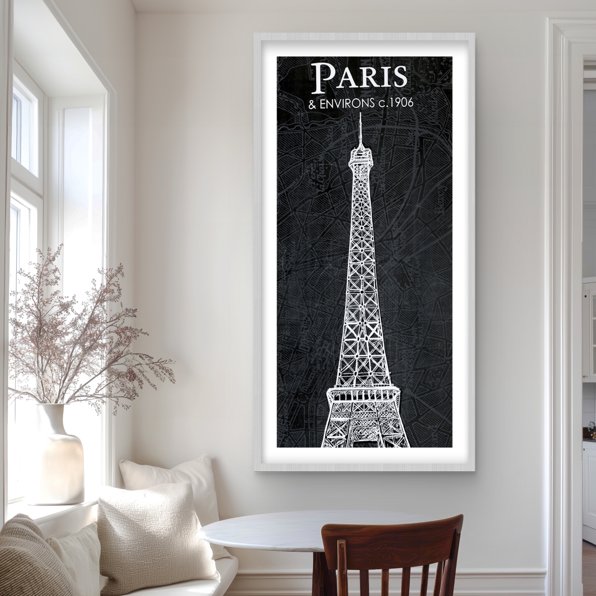C1FM2448FETHLZ 24 x 48 in. Eiffel Tower Sketch with Map - Gray Framed Matted Print Office Decor