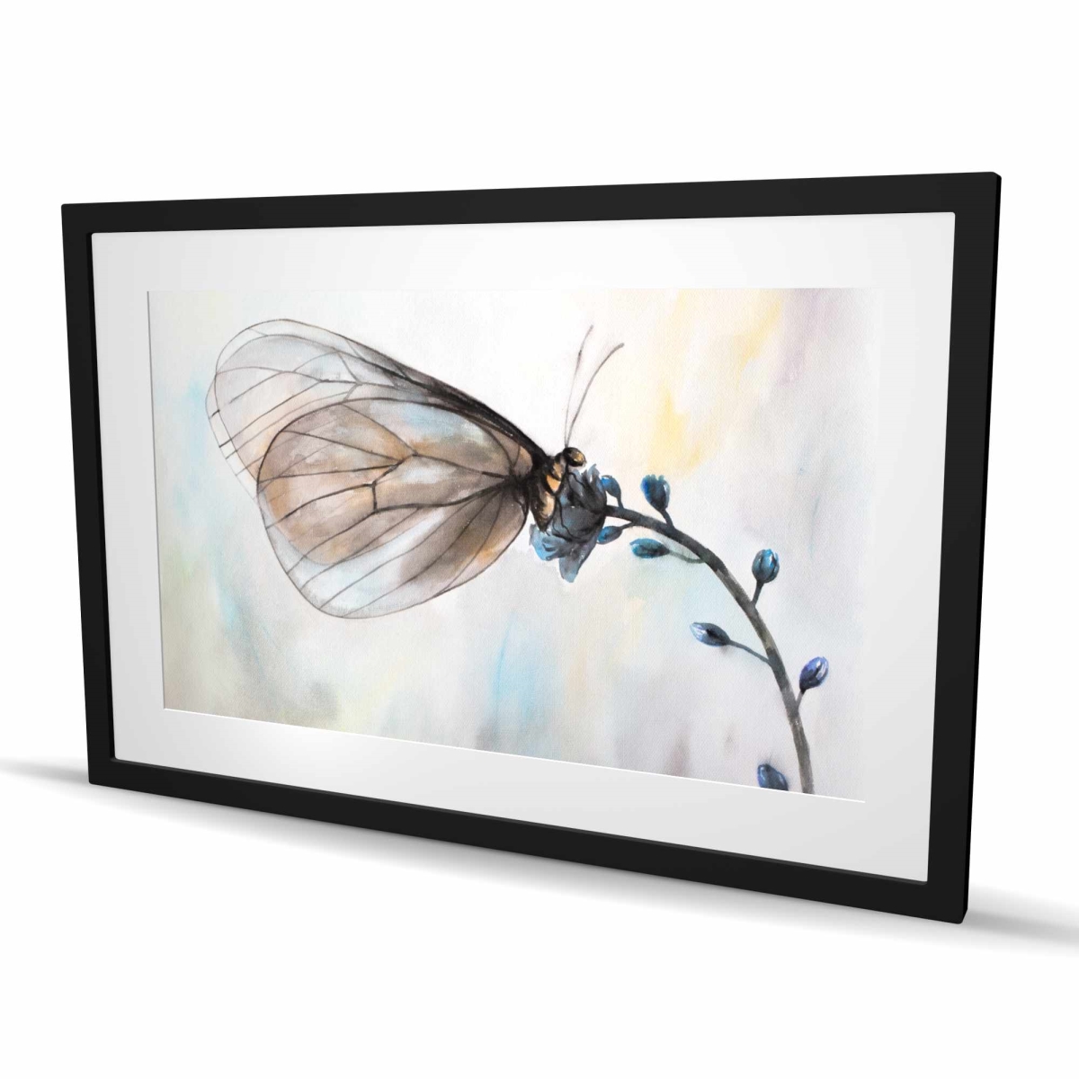 C1FM2436GY4TPV 24 x 36 in. Butterfly on Blue Flowers - Framed Matted Print - Home Decor