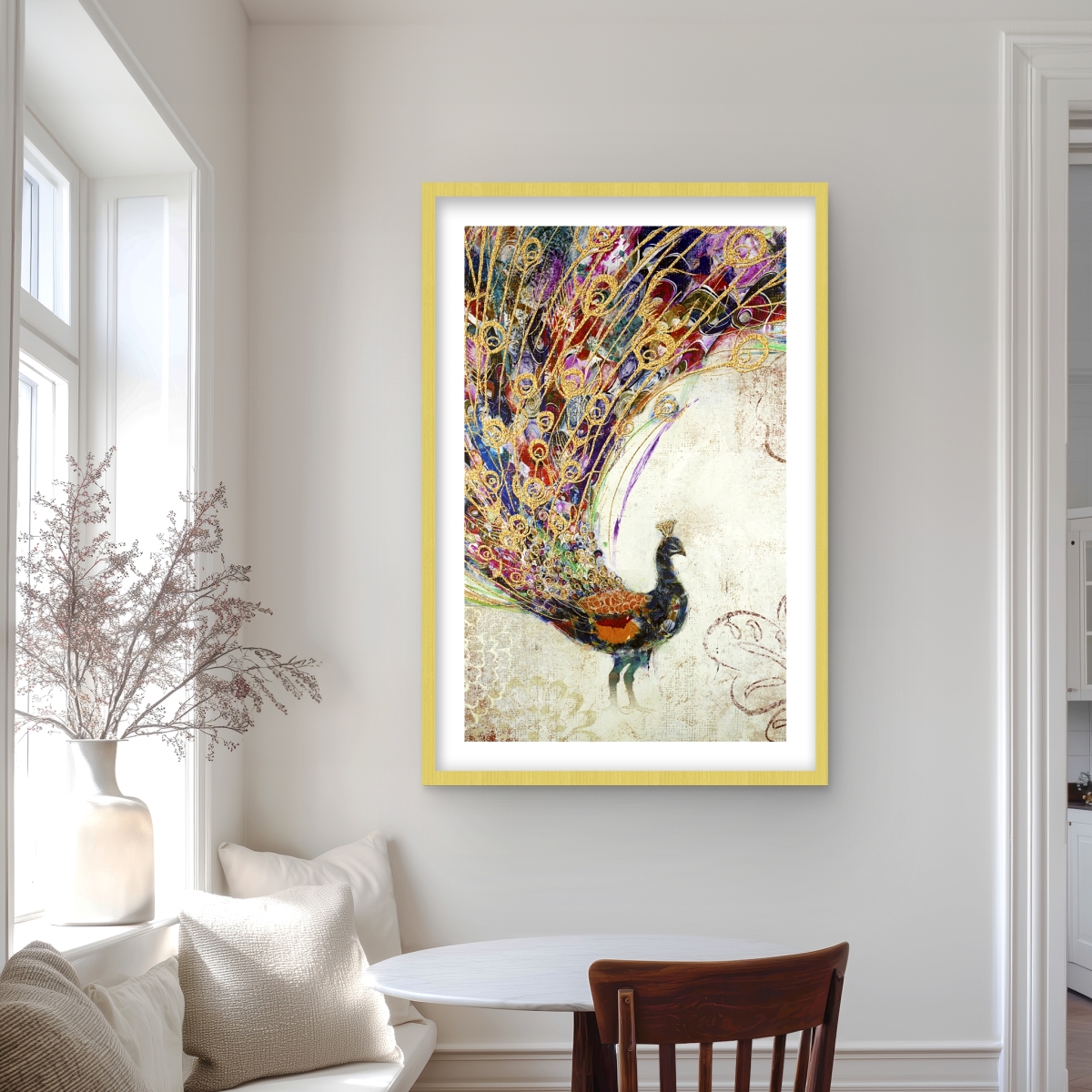 C1FM2436C6HE2C 24 x 36 in. Peacock with Gold Feathers - Framed Matted Print for Decor