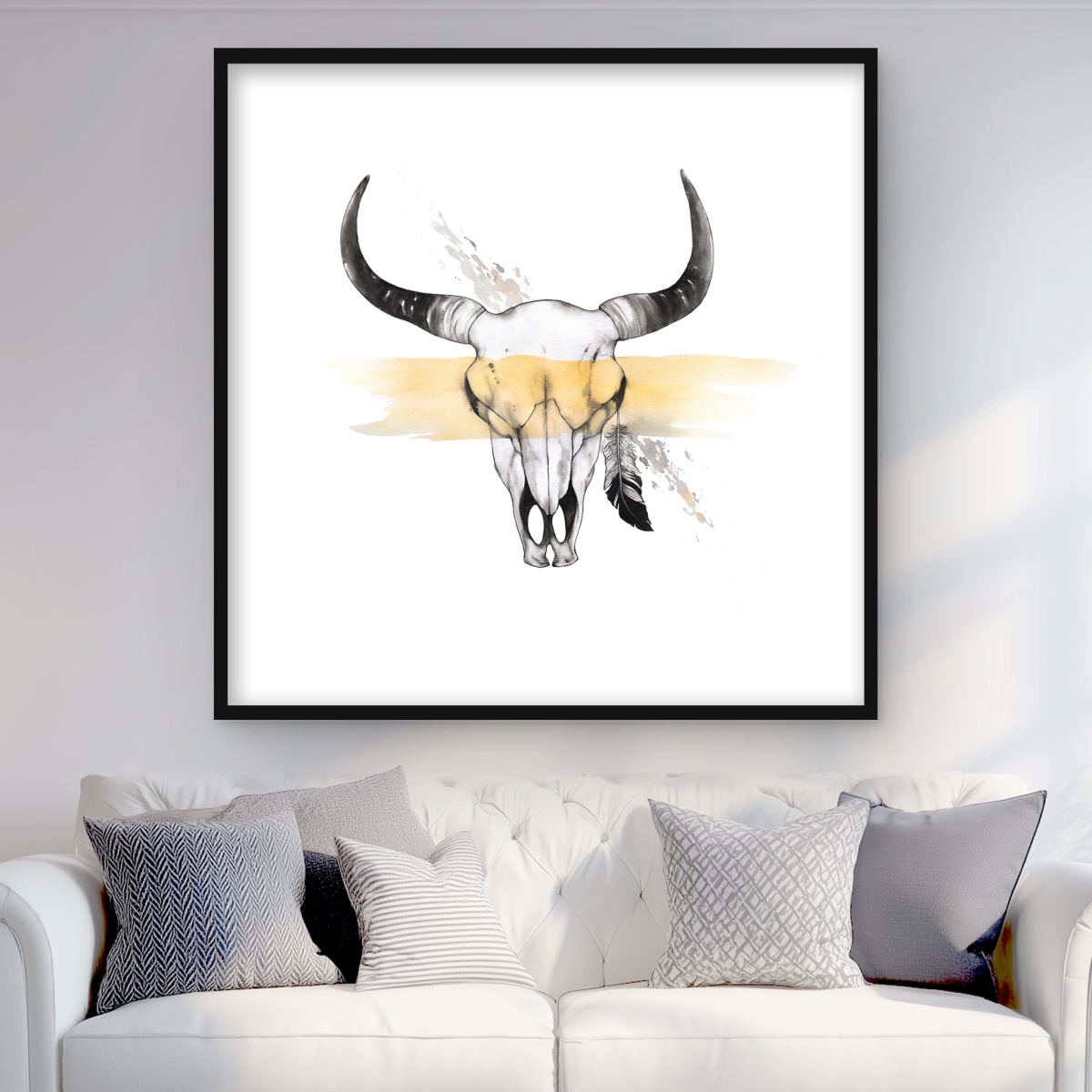C1FM3636SNPER4 36 x 36 in. Cow Skull with Feather - Framed Matted Print for Home Decor