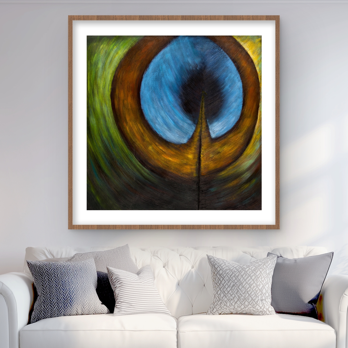 C1FM3636Q51DOB 36 x 36 in. Peacock Feather Center - Romantic Animals Framed Print Decor