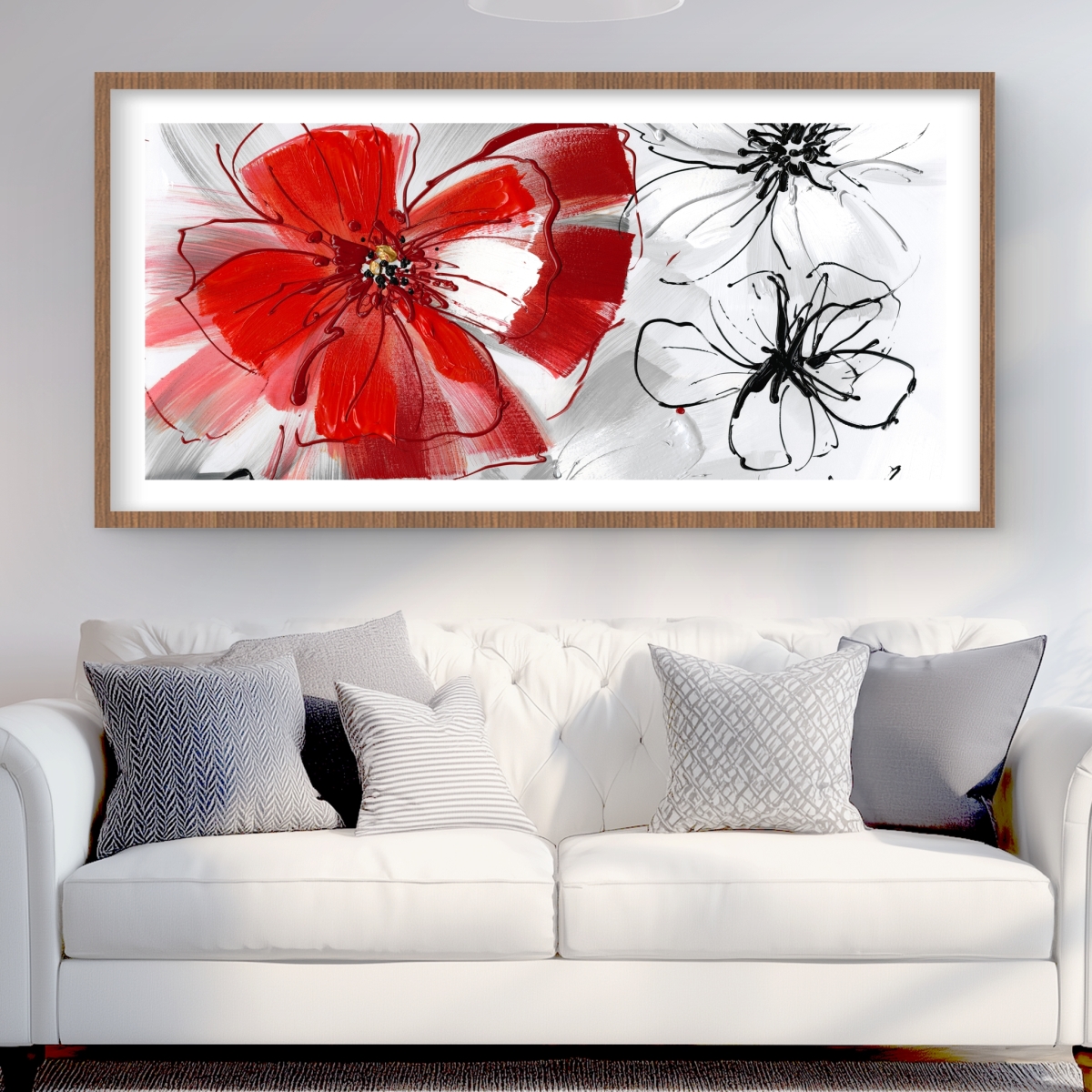 C1FM2448LADY2E 24 x 48 in. Red & Gray Flowers - Framed Matted Print - Office Decor