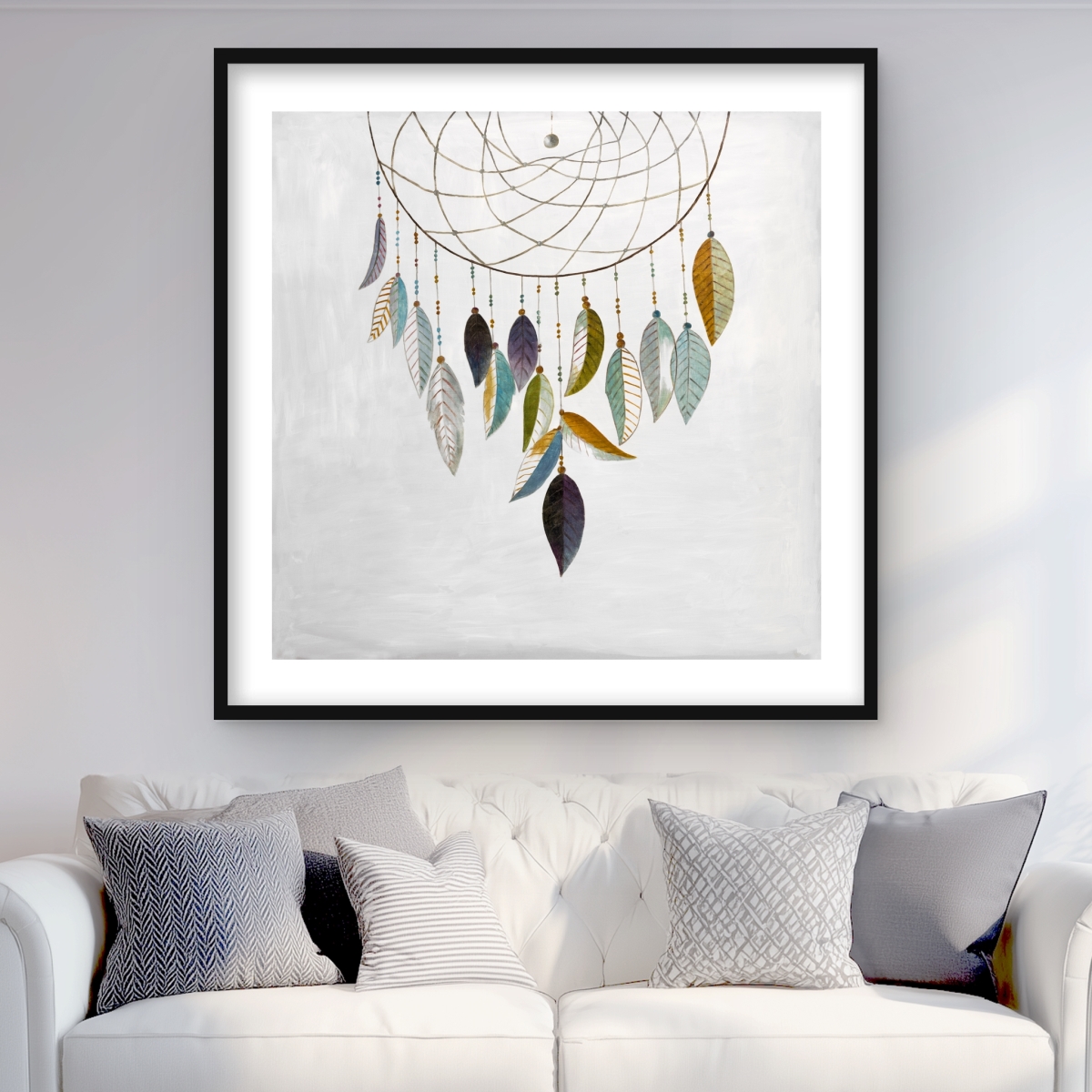 C1FM3636LGH3N1 36 x 36 in. Dreamcatcher with Feathers - Framed Matted Print for Decor