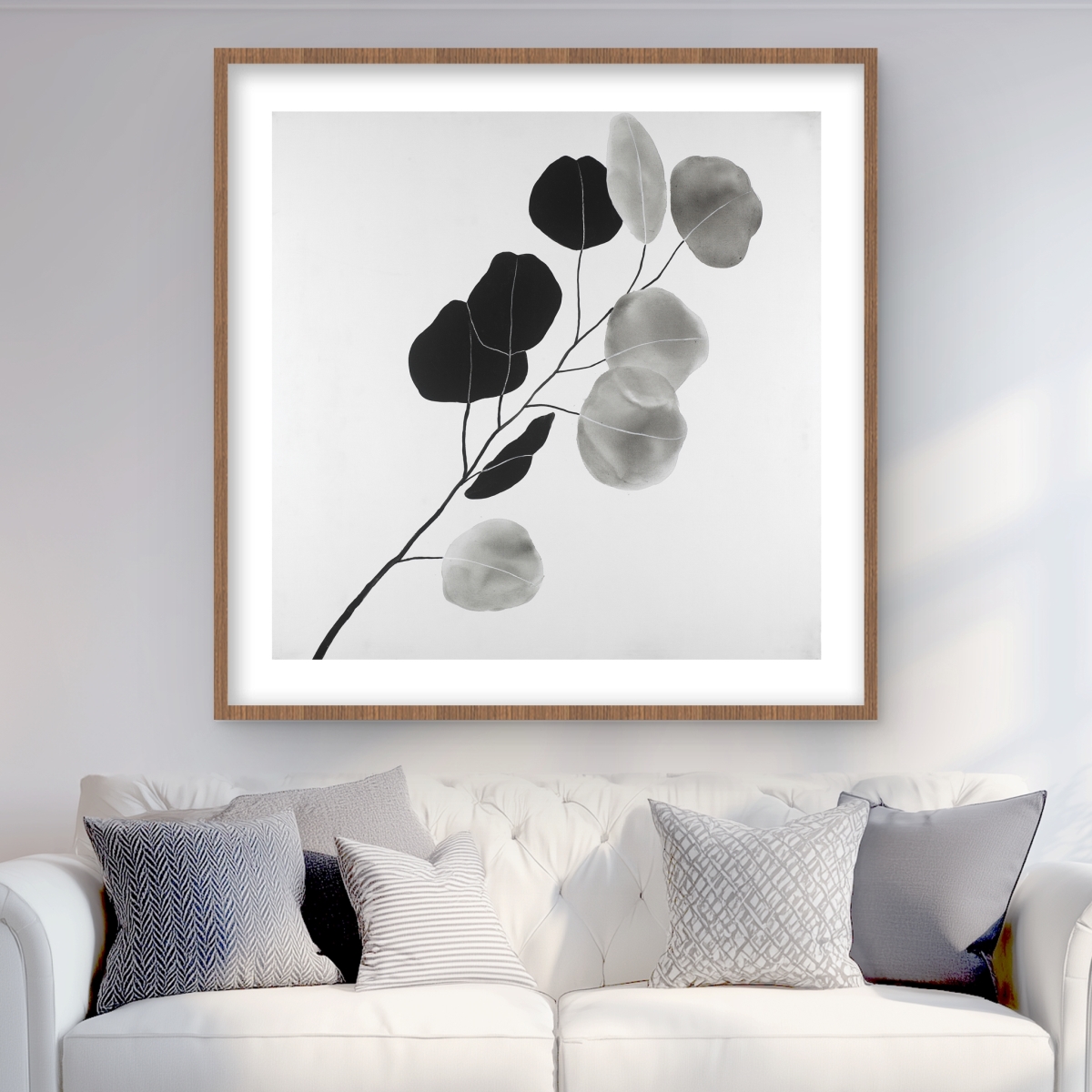 C1FM36364W71JM 36 x 36 in. Grayscale Branch with Round Shape Leaves - Framed Wall Art